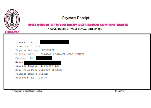 WBSEDCL bill payment receipt