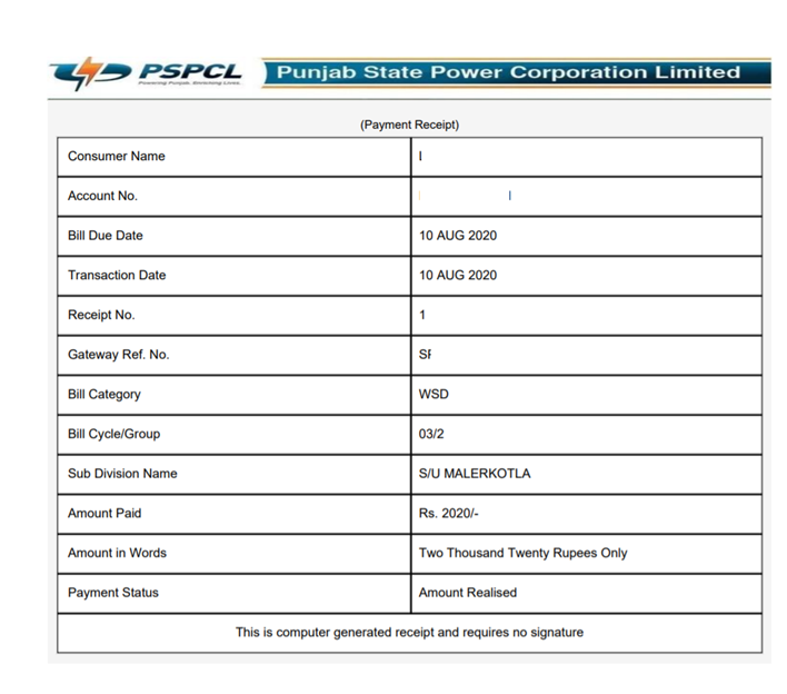 PSPCL online bill payment receipt