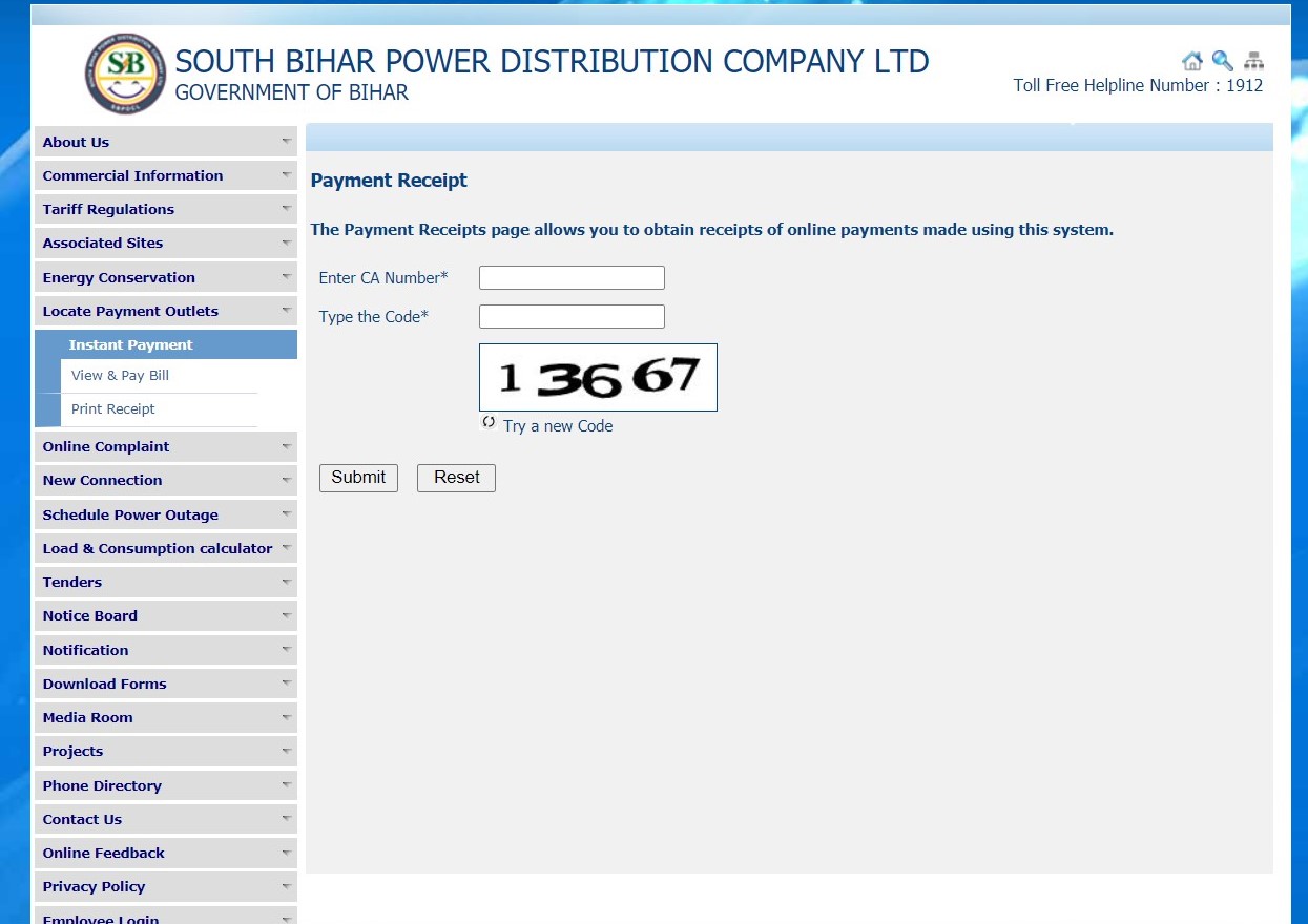 SBPDCL bill payment receipt