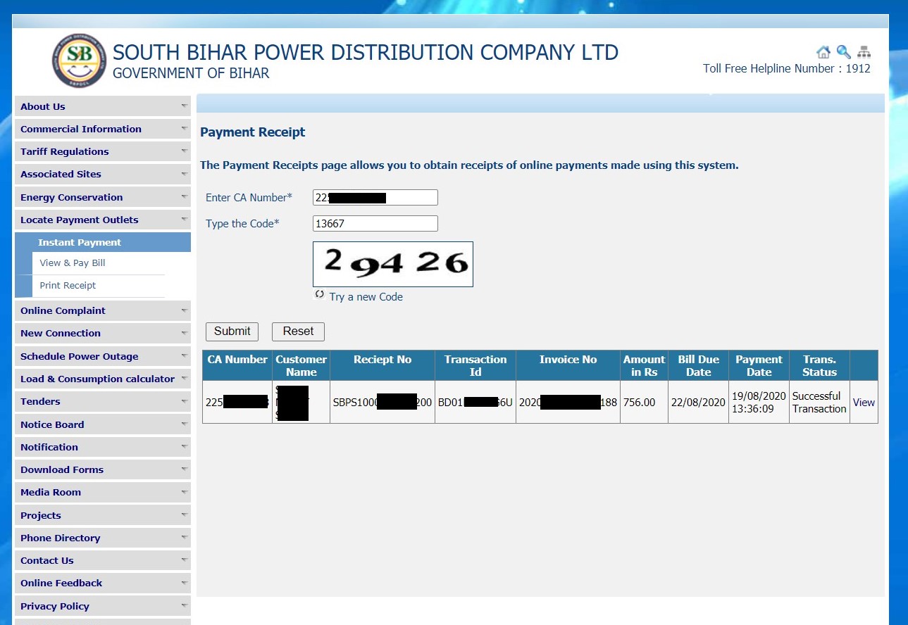 SBPDCL bill payment receipt