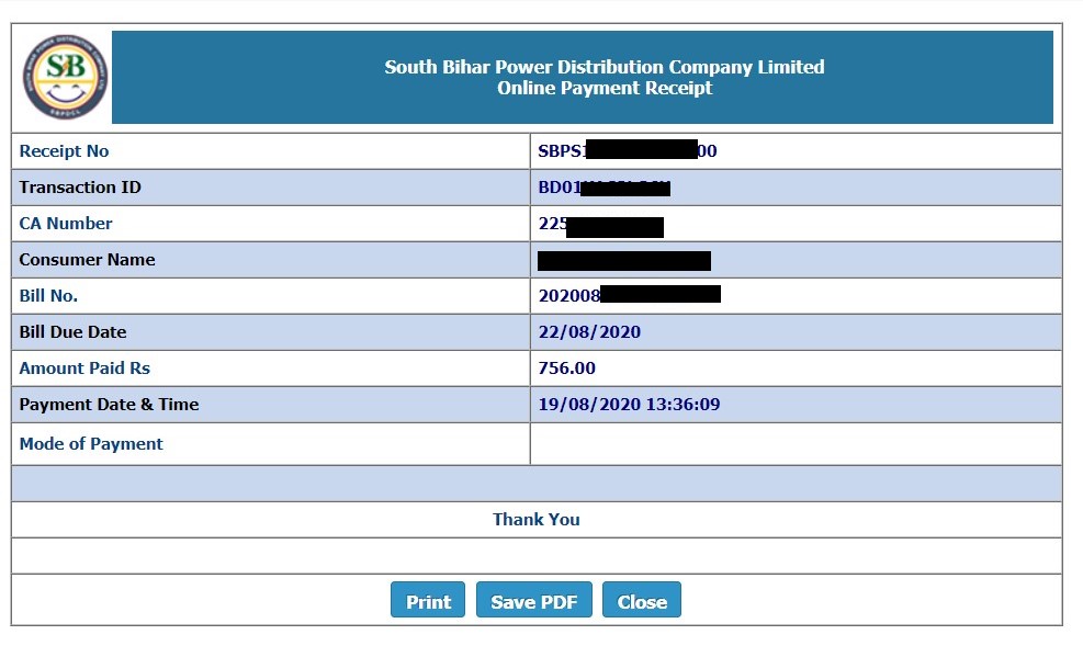 SBPDCL bill payment receipt