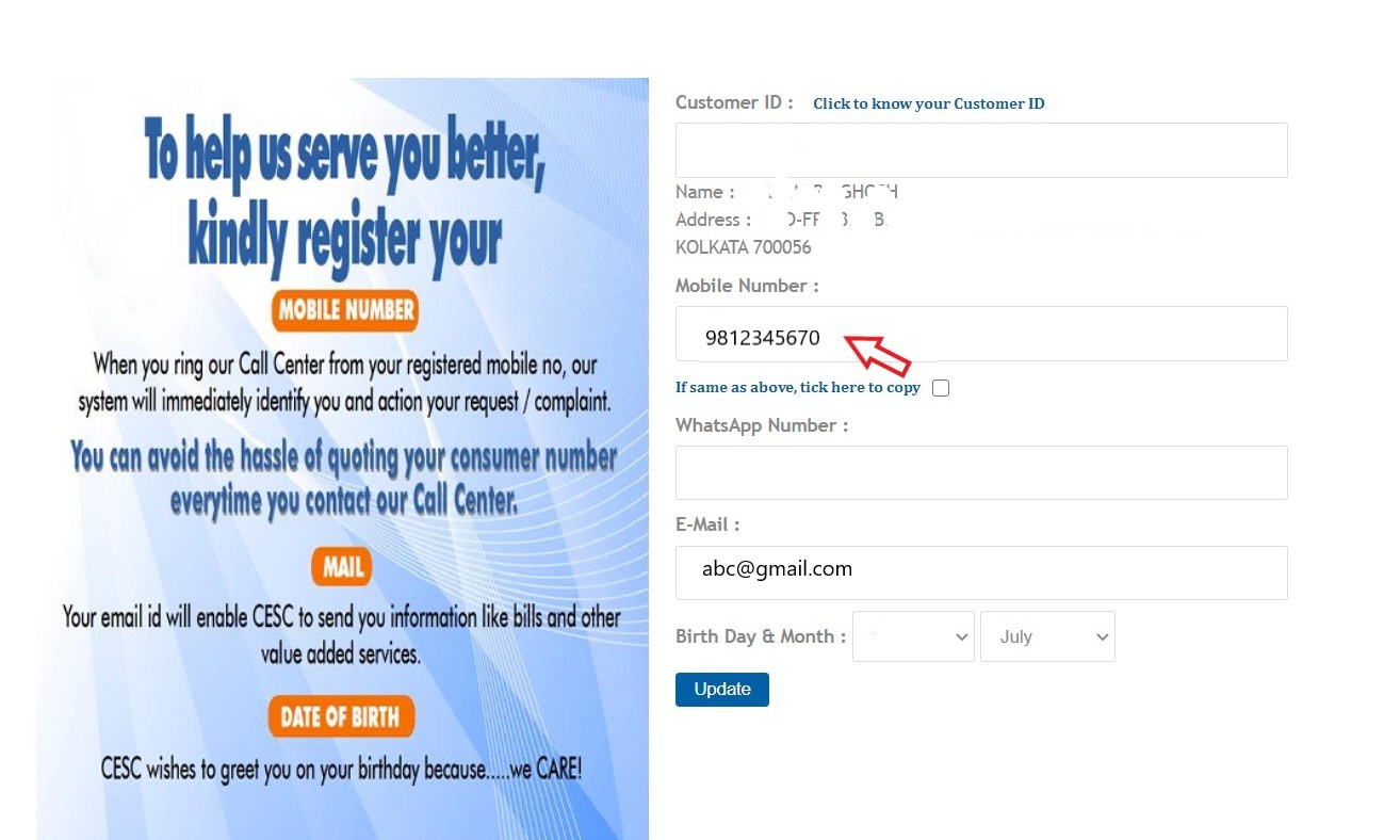 change my mobile number in CESC bill