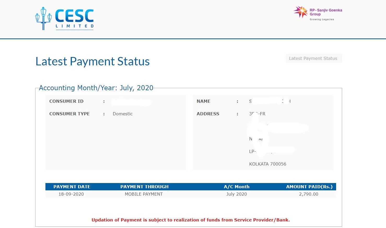 check CESC bill payment status