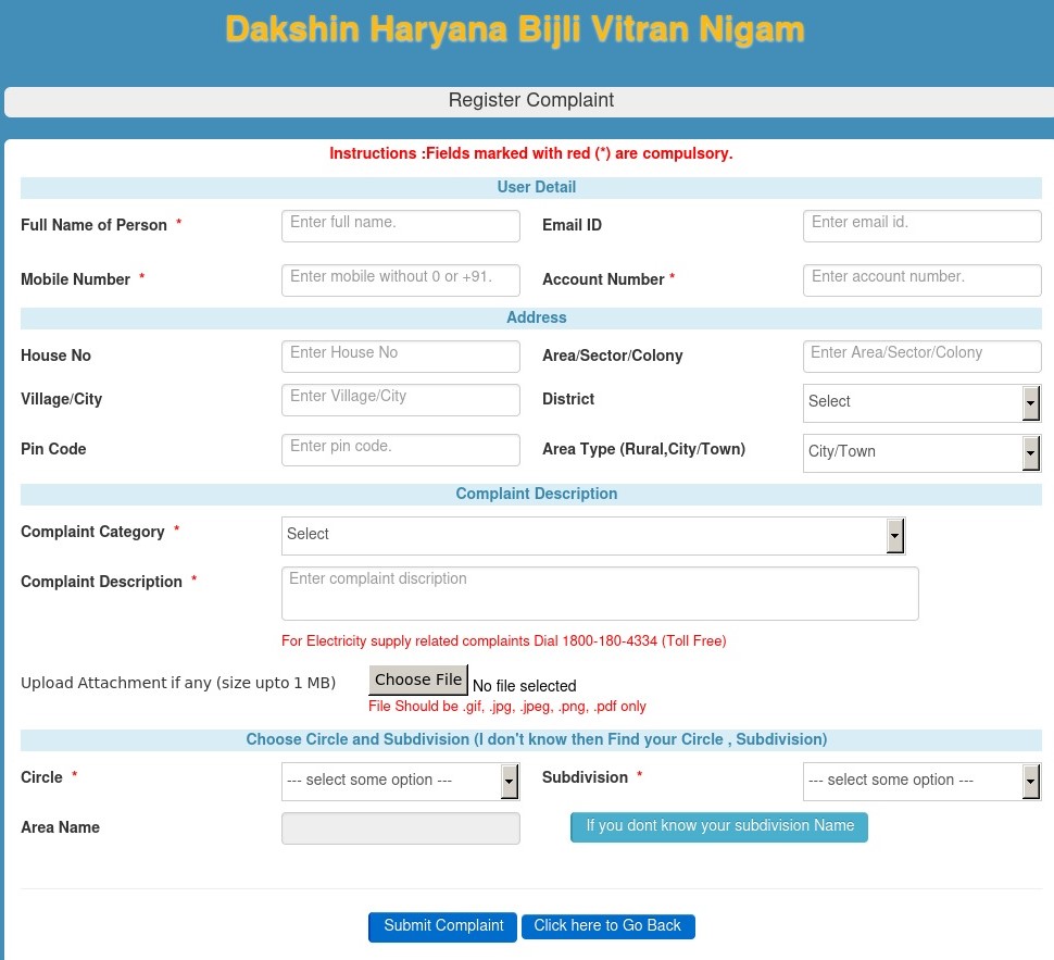 register a DHBVN online complaint