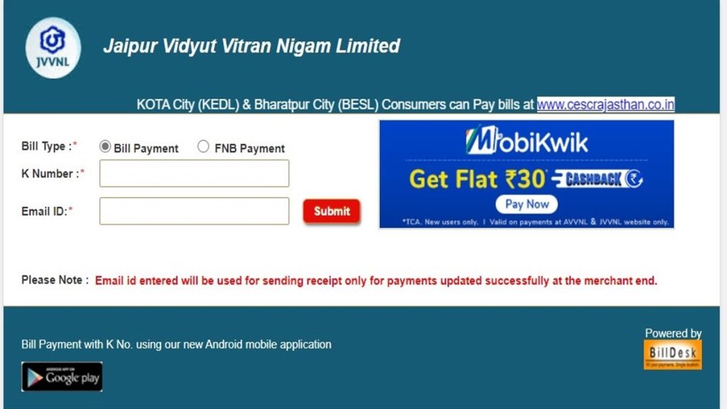 Pay JVVNL Bill Online Jaipur Electricity Bill Payment