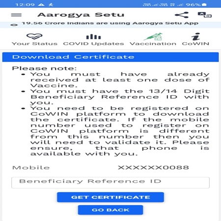 CoWIN vaccination certificate from Aarogya Setu
