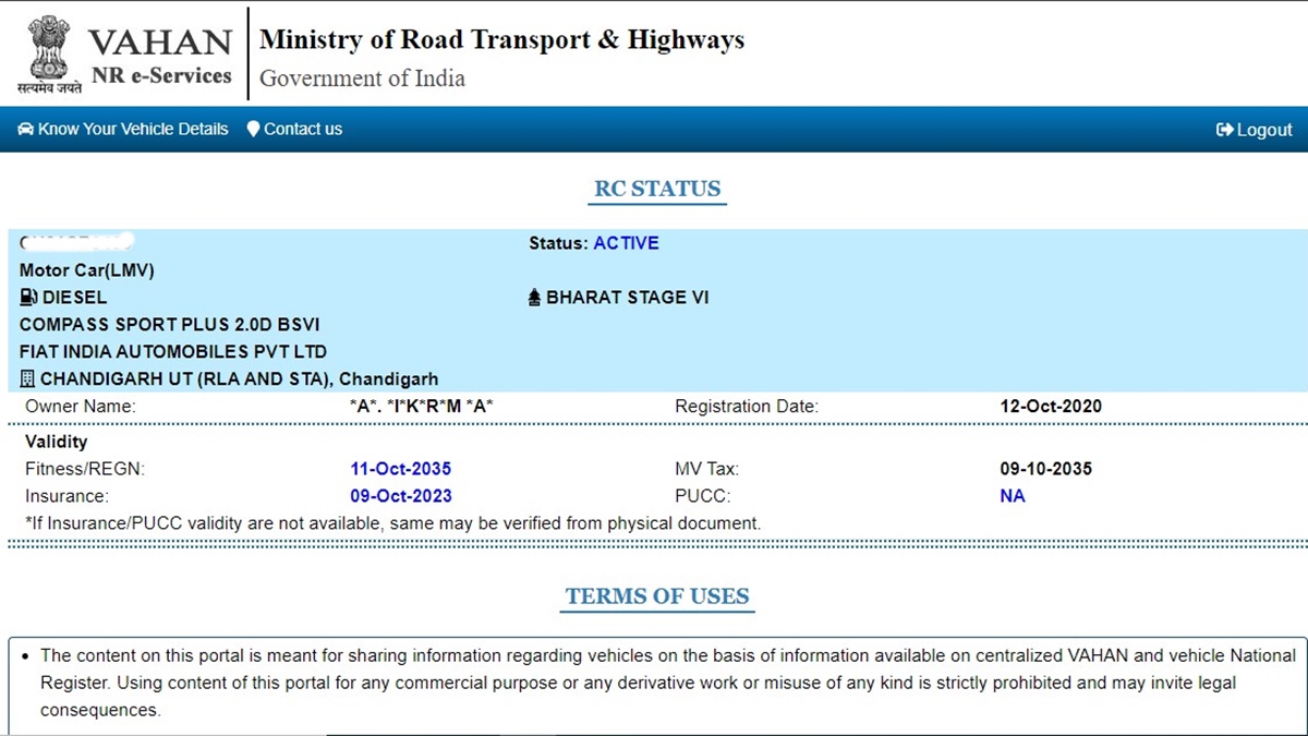 Parivahan RC status