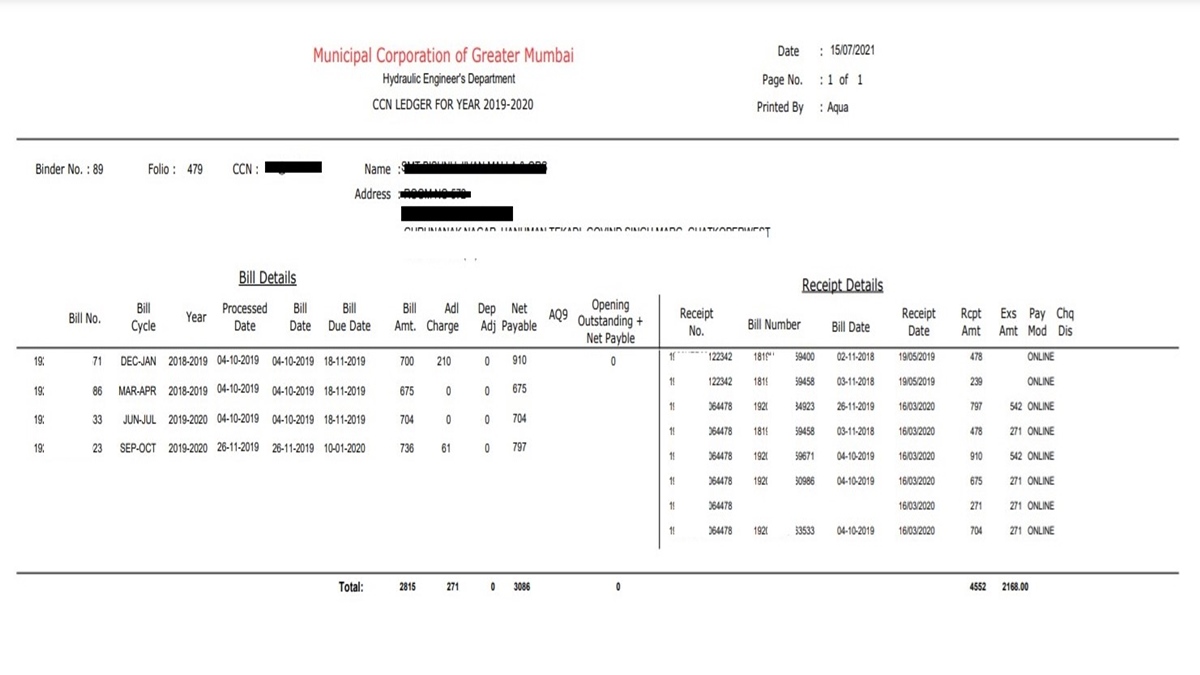 MCGM water bill ledger