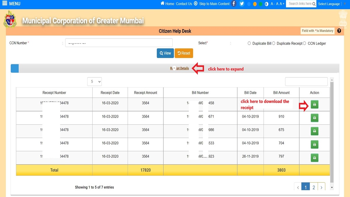 MCGM water bill payment receipt