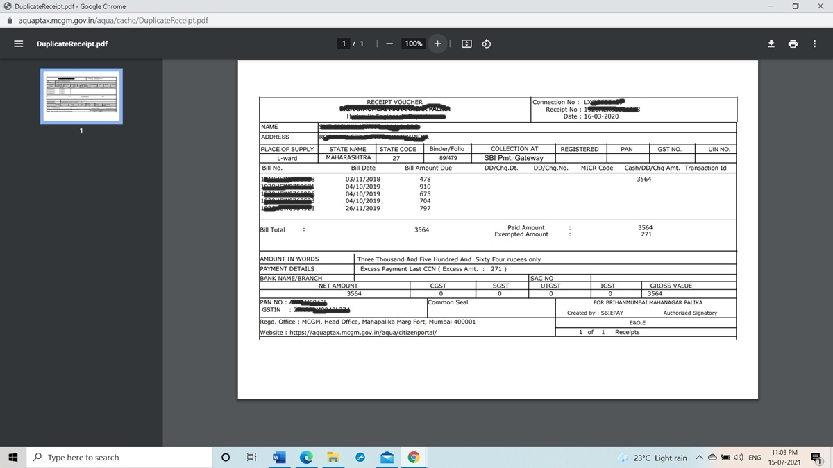 MCGM water bill payment receipt