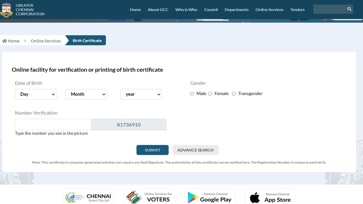 Chennai Corporation Birth Certificate