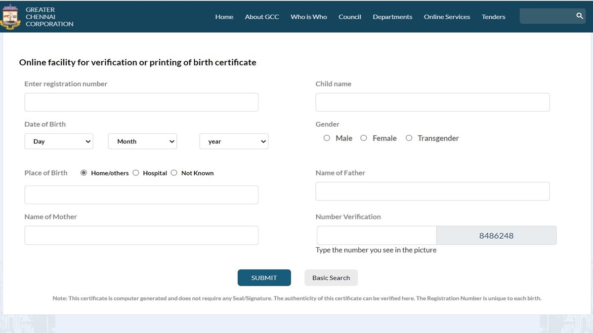 Chennai Birth Certificate