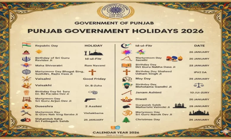 Punjab Government Holidays 2026, Bank Holidays In Punjab 2026