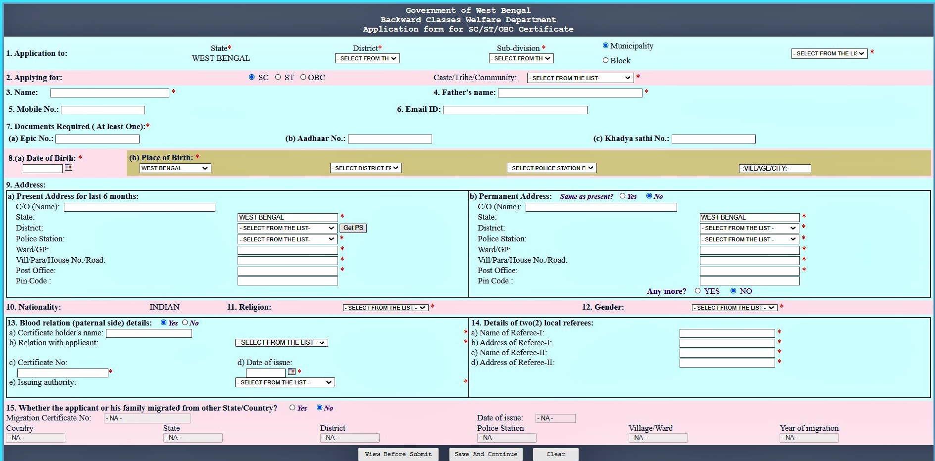 WB Caste Certificate 