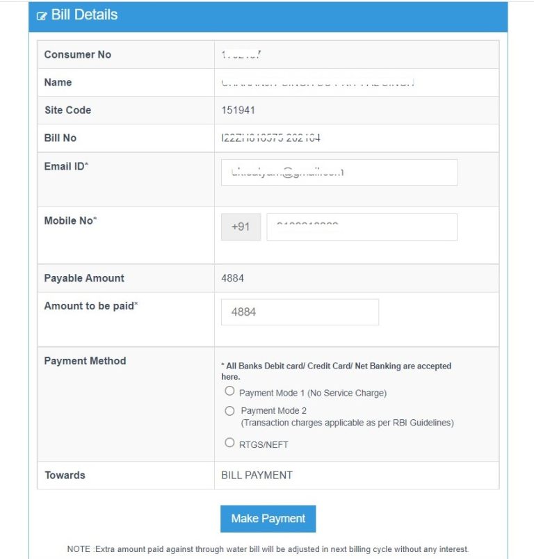 HUDA, HSVP Water Bill Payment Online Download Receipt