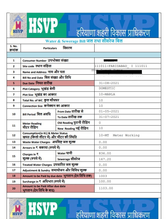 HSVP Water Bill Payment, HUDA Water Bill