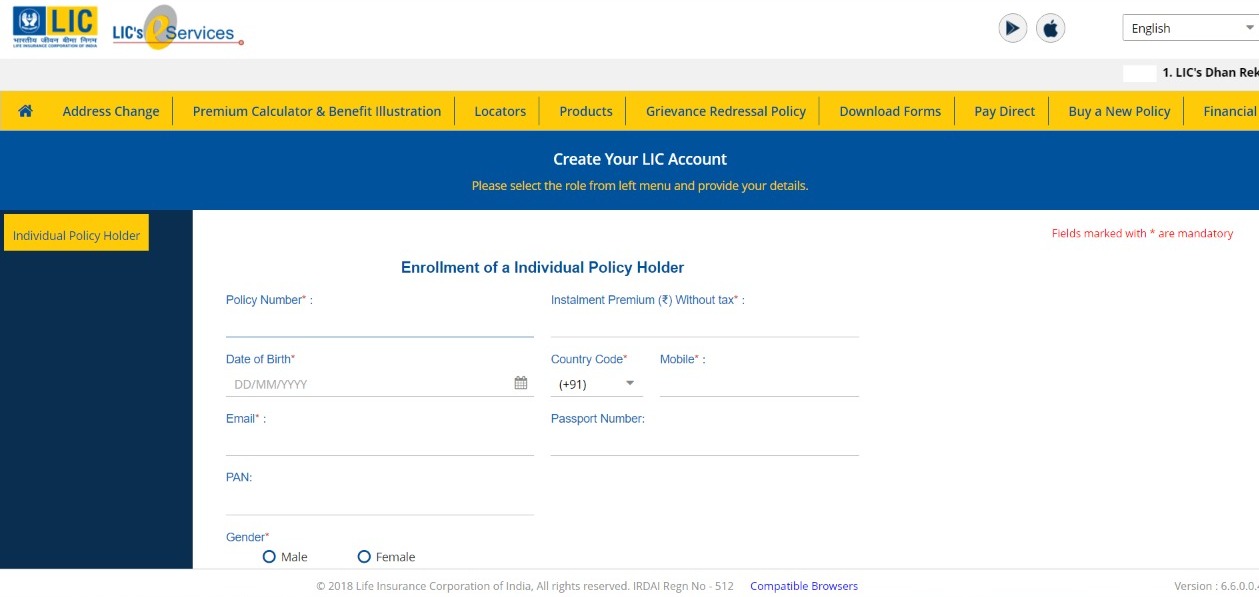 LIC new user registration