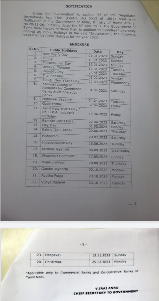 Tamil Nadu Government Holidays 2023 Chennai Holidays TN