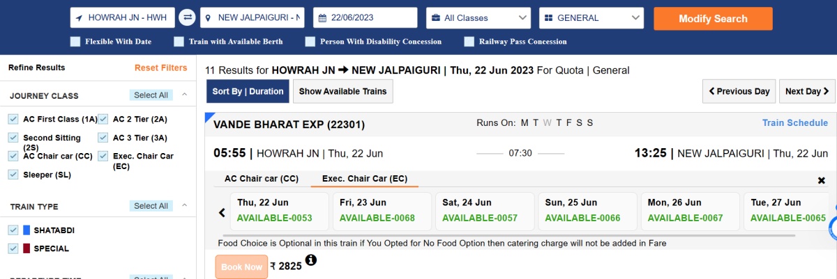 Vande Bharat express Howrah to NJP ticket booking