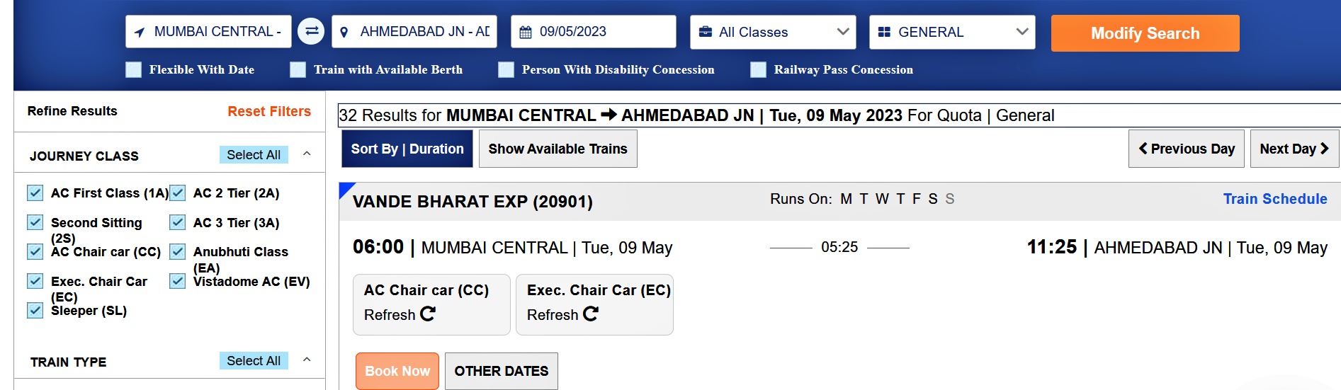 Vande Bharat Express Mumbai to Ahmedabad ticket booking