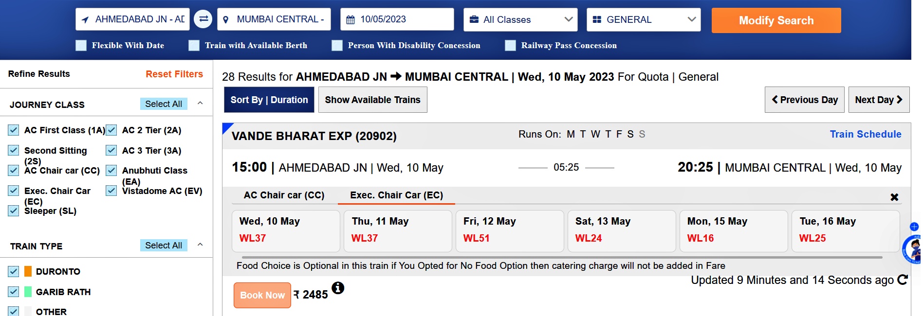 vande bharat train ahmedabad to mumbai ticket booking