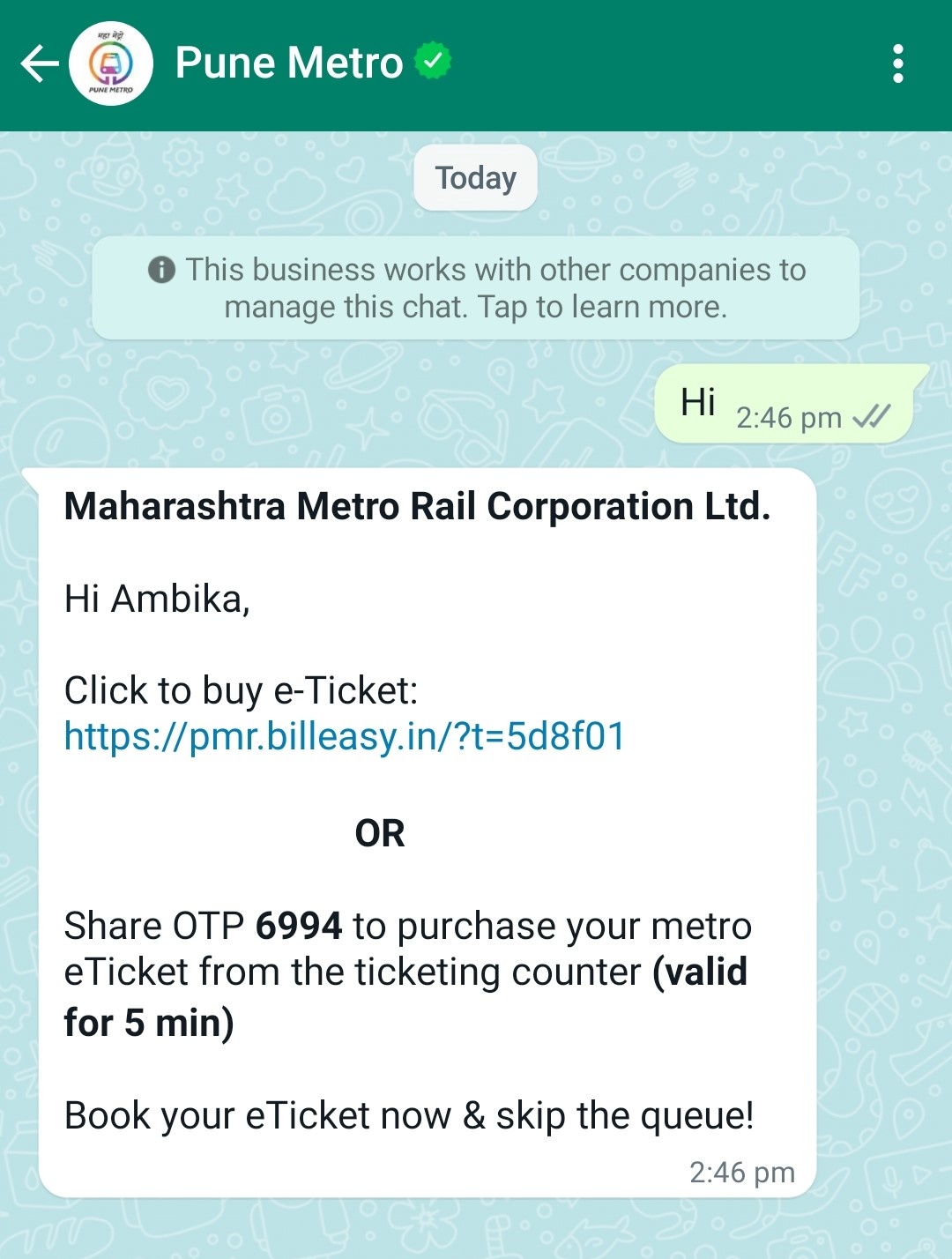 book Pune Metro tickets on WhatsApp