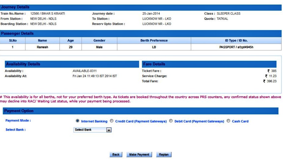 IRCTC train ticket booking